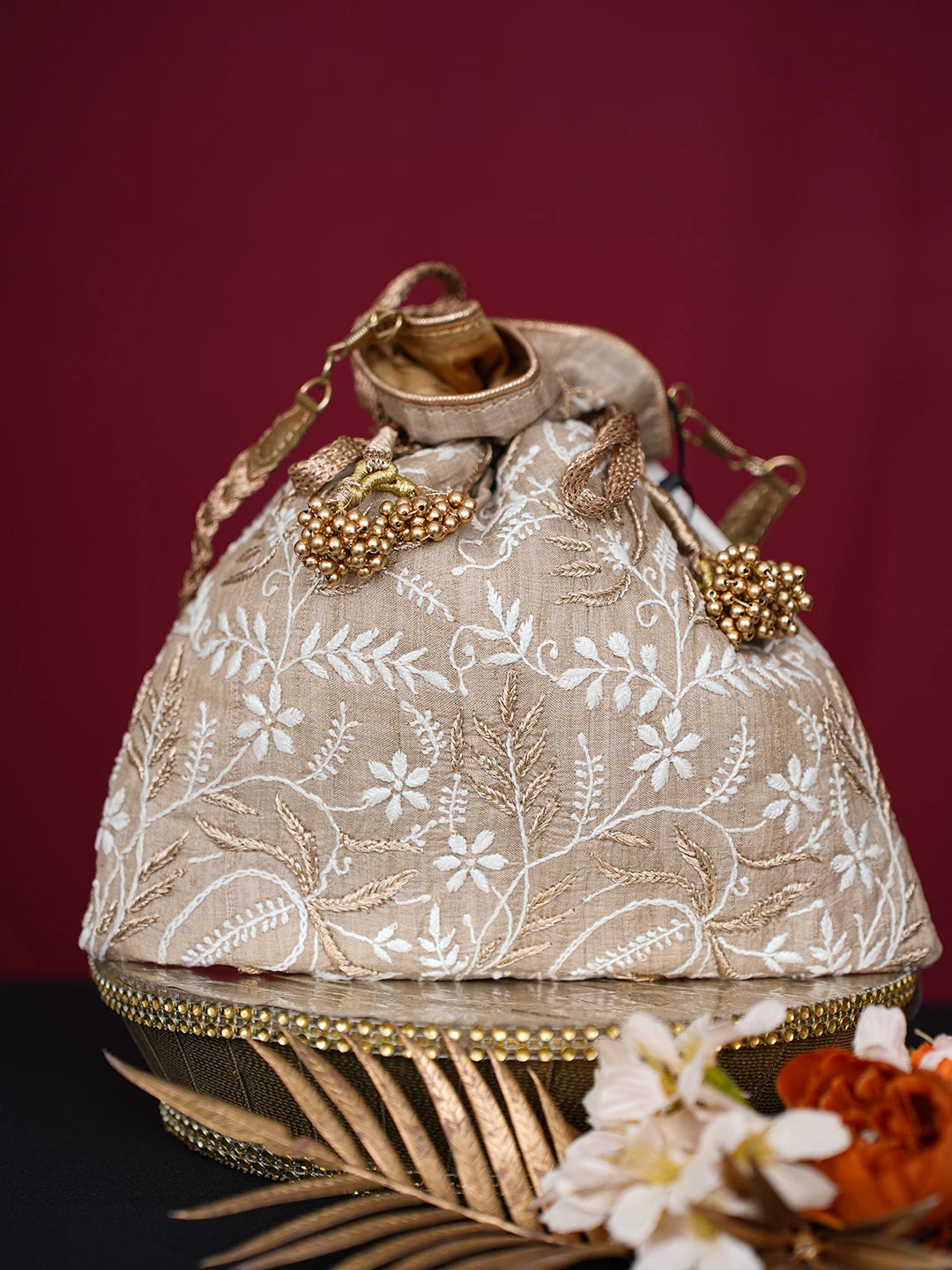 Ada Hand Embroidered Fawn Silk Lucknowi Chikankari Potli Bag With Zari Work 01A718854
