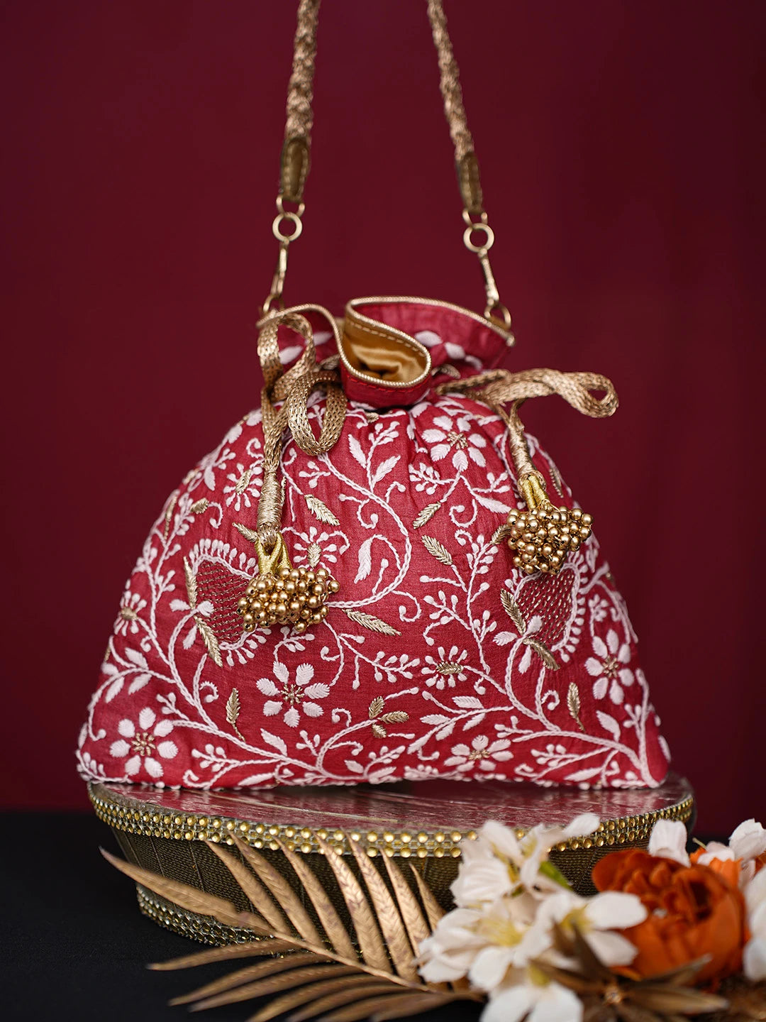 Ada Hand Embroidered Red Silk Lucknowi Chikankari Potli Bag With Zari Work 01A718943