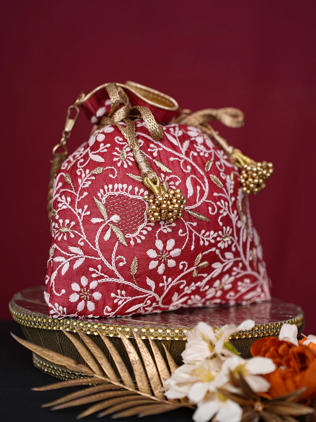 Ada Hand Embroidered Red Silk Lucknowi Chikankari Potli Bag With Zari Work 01A718943