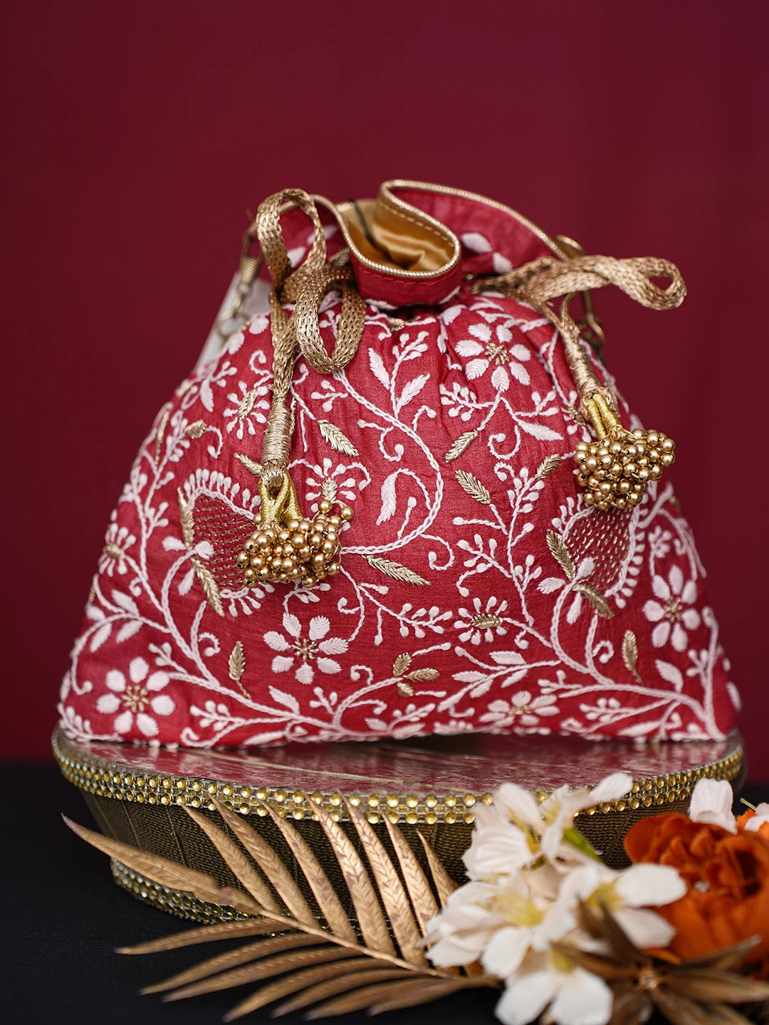 Ada Hand Embroidered Red Silk Lucknowi Chikankari Potli Bag With Zari Work 01A718943
