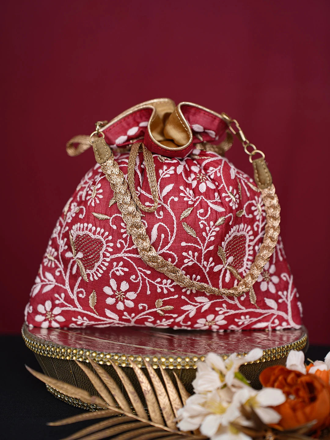 Ada Hand Embroidered Red Silk Lucknowi Chikankari Potli Bag With Zari Work 01A718943