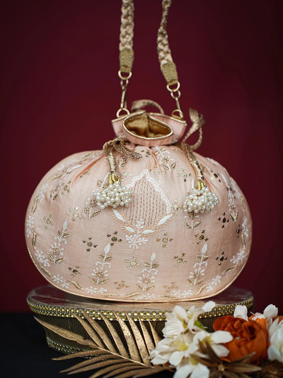 Ada Hand Embroidered Dusty Peach Silk Lucknowi Chikankari Potli Bag With Muqaish Work 01A718944