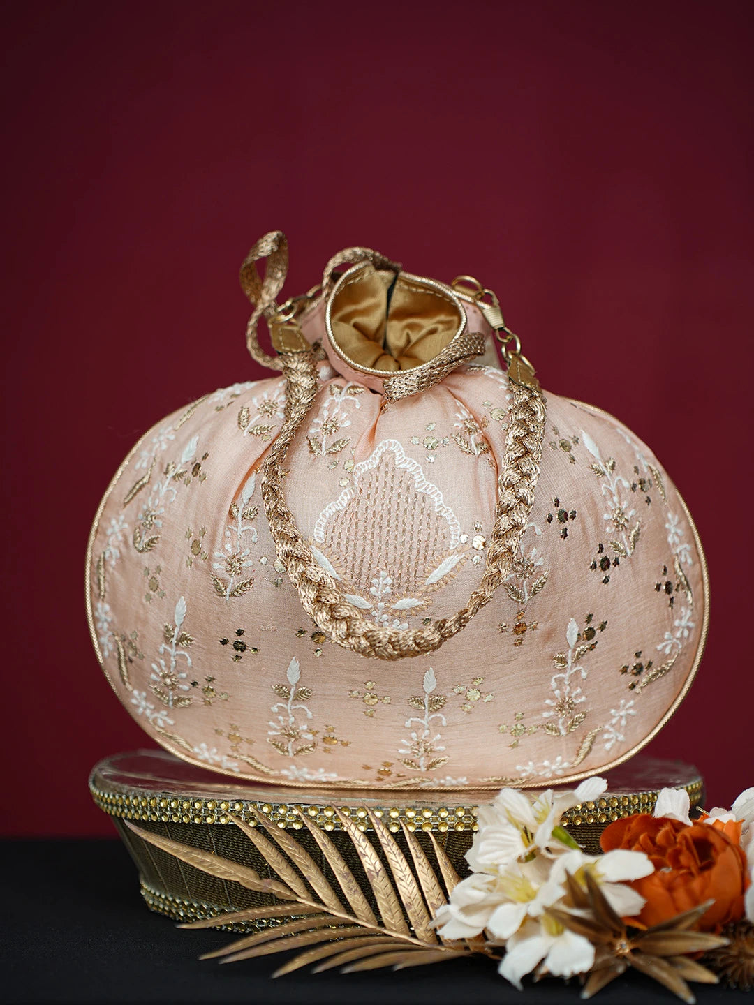 Ada Hand Embroidered Dusty Peach Silk Lucknowi Chikankari Potli Bag With Muqaish Work 01A718944