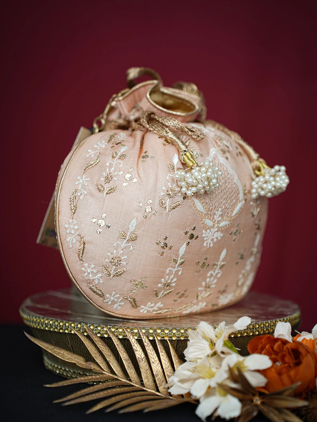 Ada Hand Embroidered Dusty Peach Silk Lucknowi Chikankari Potli Bag With Muqaish Work 01A718944