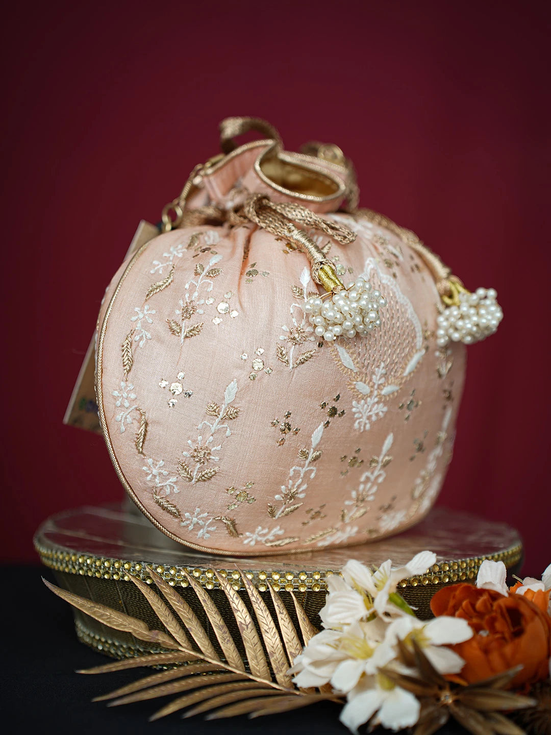 Ada Hand Embroidered Dusty Peach Silk Lucknowi Chikankari Potli Bag With Muqaish Work 01A718944