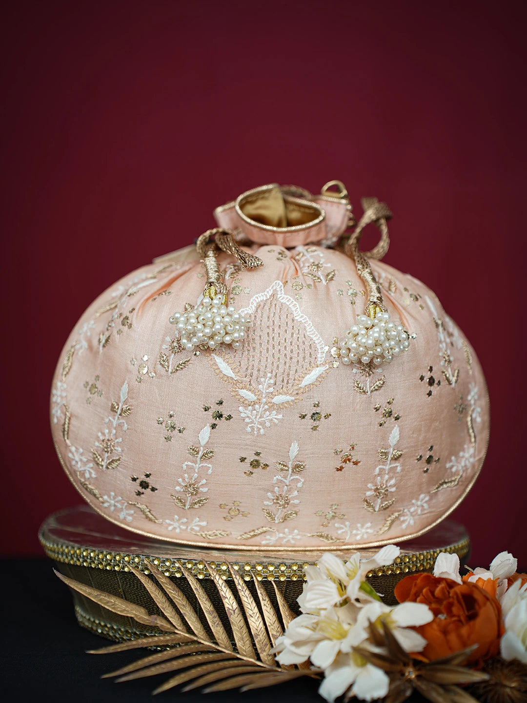 Ada Hand Embroidered Dusty Peach Silk Lucknowi Chikankari Potli Bag With Muqaish Work 01A718944