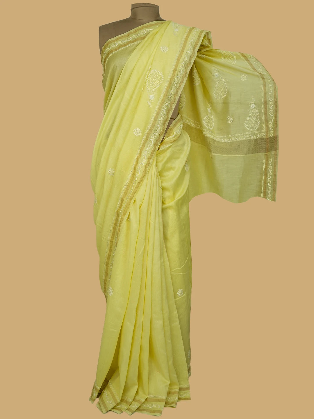Ada Hand Embroidered Lemon Chanderi Lucknowi Chikankari Saree and Blouse 01A689918