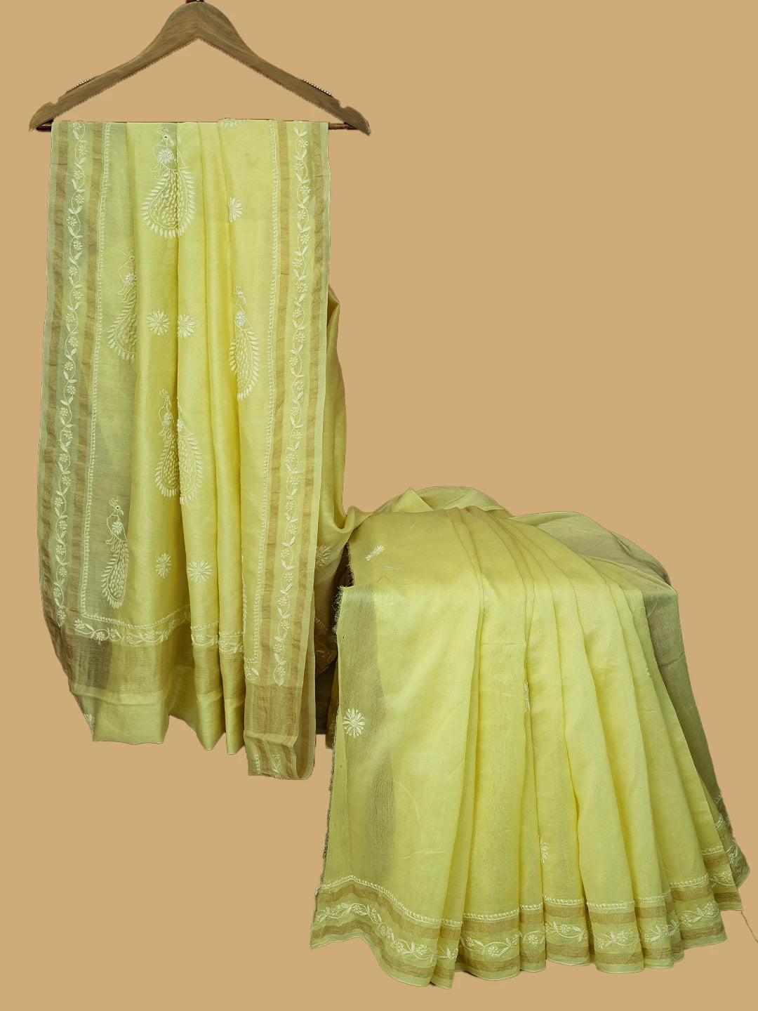 Ada Hand Embroidered Lemon Chanderi Lucknowi Chikankari Saree and Blouse 01A689918