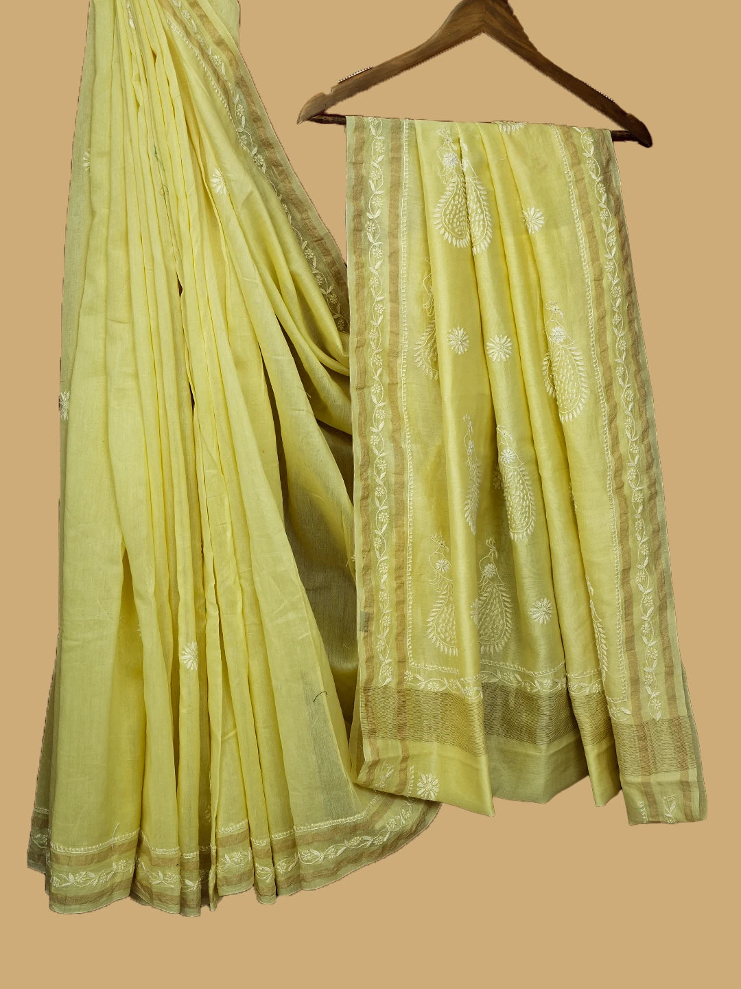Ada Hand Embroidered Lemon Chanderi Lucknowi Chikankari Saree and Blouse 01A689918
