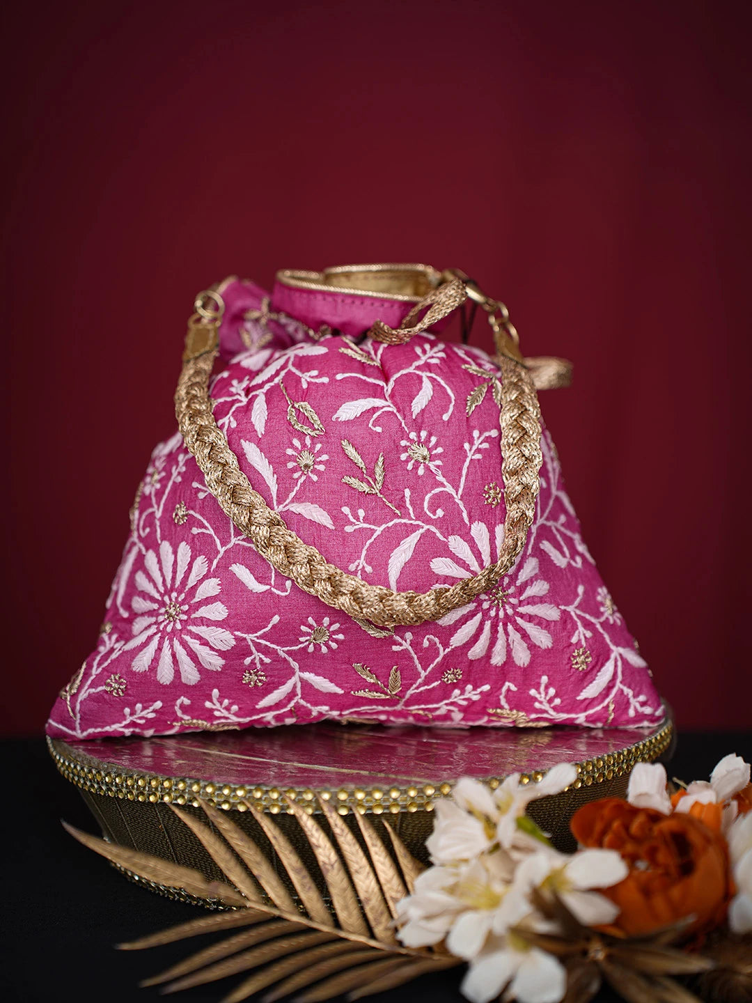 Ada Hand Embroidered Magenta Silk Lucknowi Chikankari Potli Bag With Zari Work 01A696509