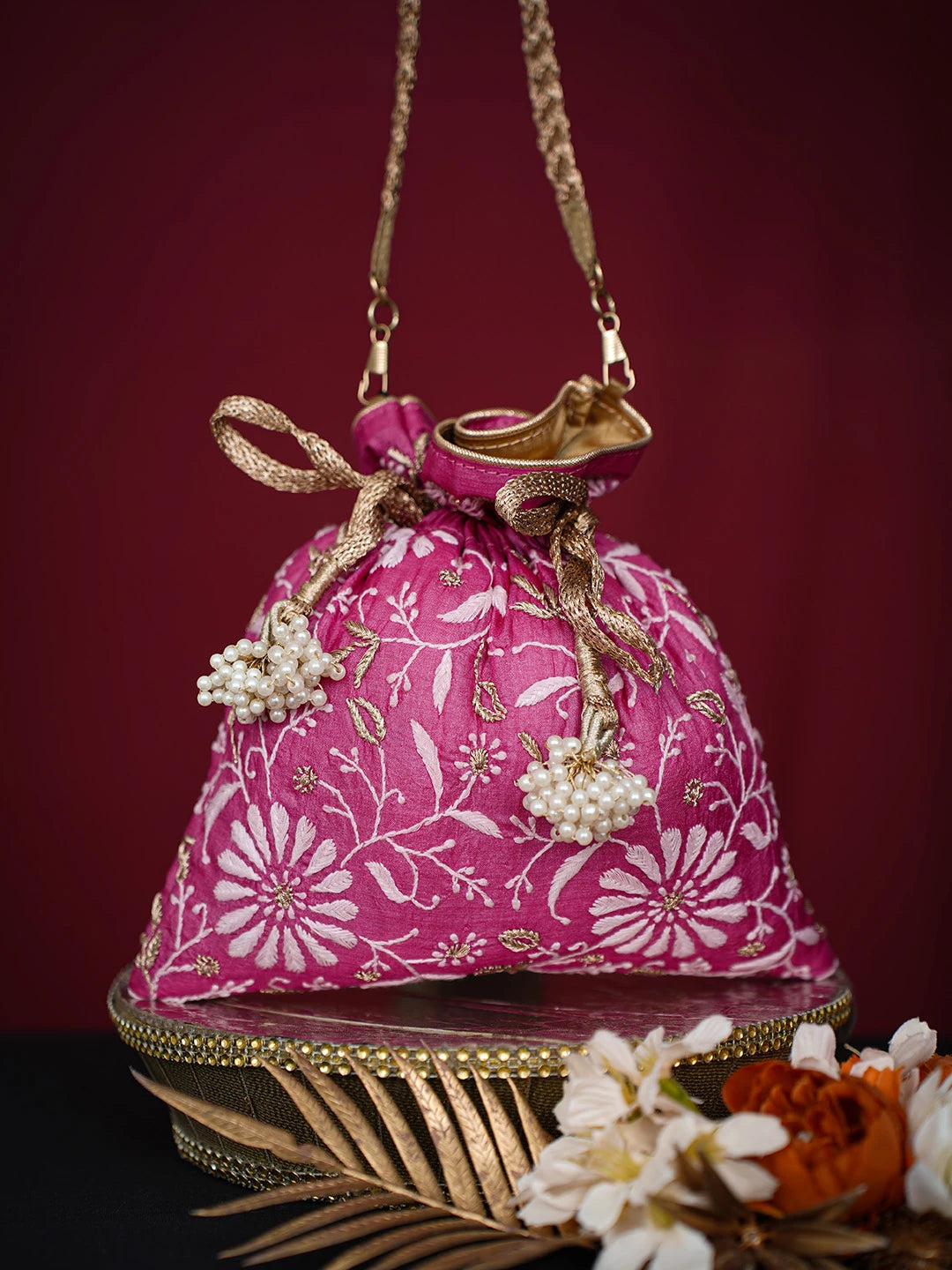 Ada Hand Embroidered Magenta Silk Lucknowi Chikankari Potli Bag With Zari Work 01A696509