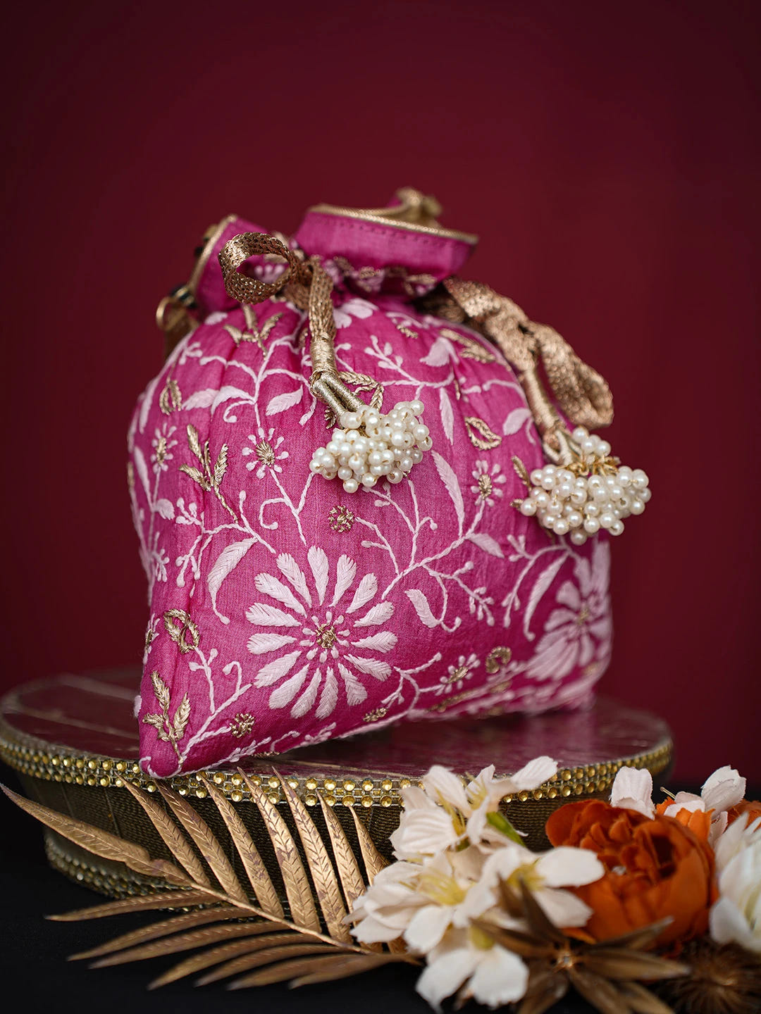 Ada Hand Embroidered Magenta Silk Lucknowi Chikankari Potli Bag With Zari Work 01A696509