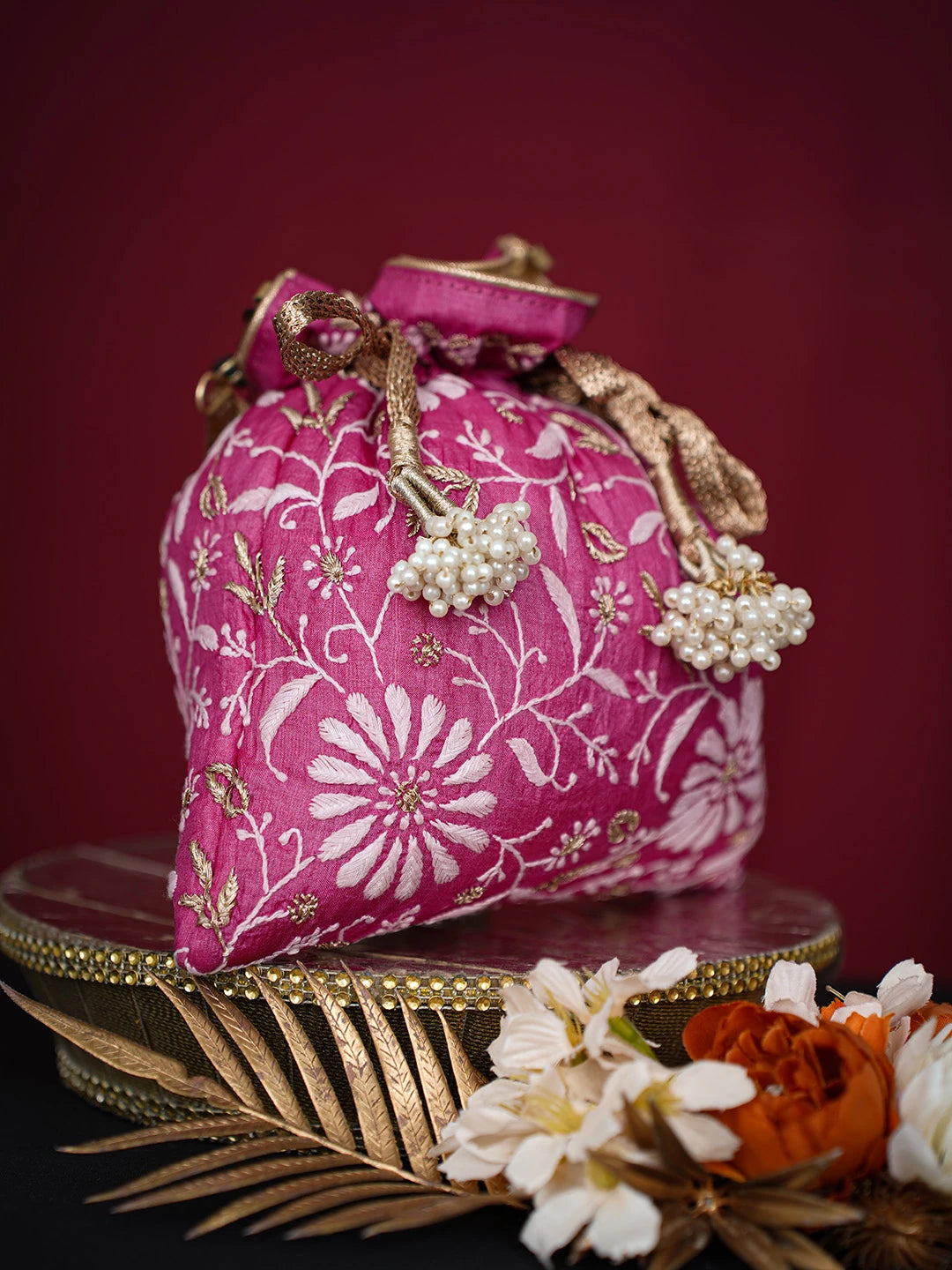 Ada Hand Embroidered Magenta Silk Lucknowi Chikankari Potli Bag With Zari Work 01A696509