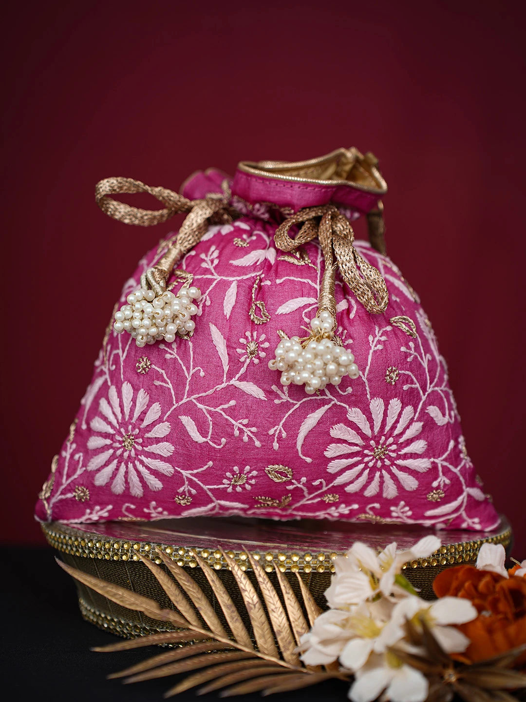 Ada Hand Embroidered Magenta Silk Lucknowi Chikankari Potli Bag With Zari Work 01A696509