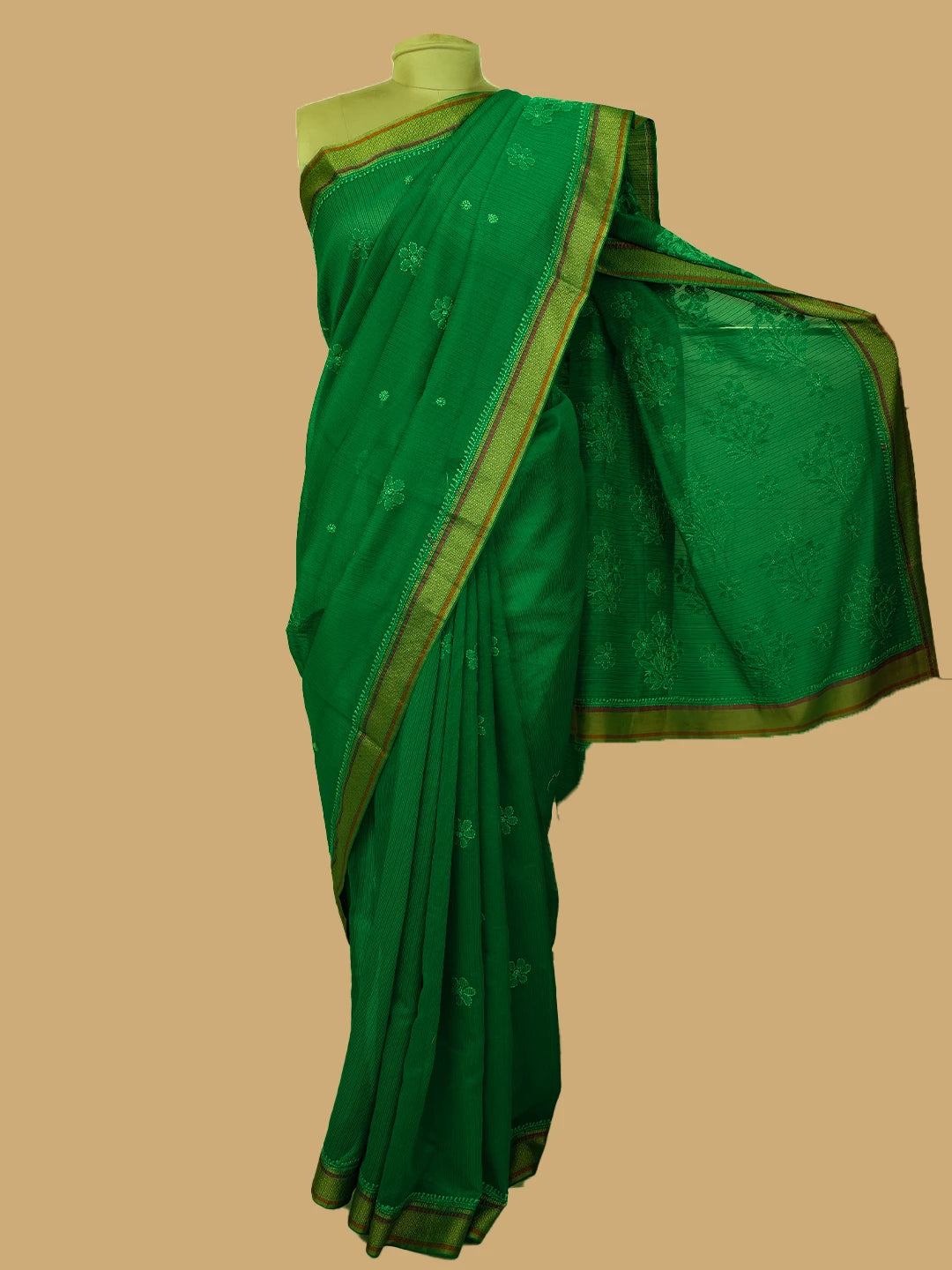 Ada Hand Embroidered Green Chanderi Lucknowi Chikankari Saree and Blouse 01A614612