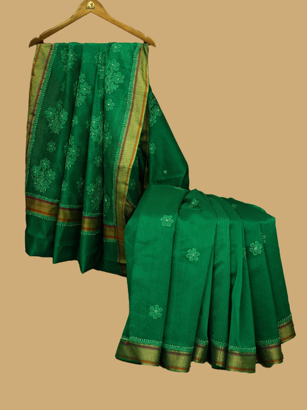 Ada Hand Embroidered Green Chanderi Lucknowi Chikankari Saree and Blouse 01A614612