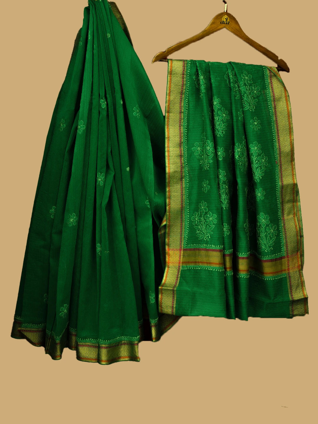 Ada Hand Embroidered Green Chanderi Lucknowi Chikankari Saree and Blouse 01A614612