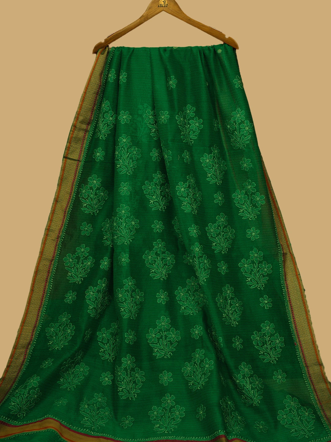 Ada Hand Embroidered Green Chanderi Lucknowi Chikankari Saree and Blouse 01A614612