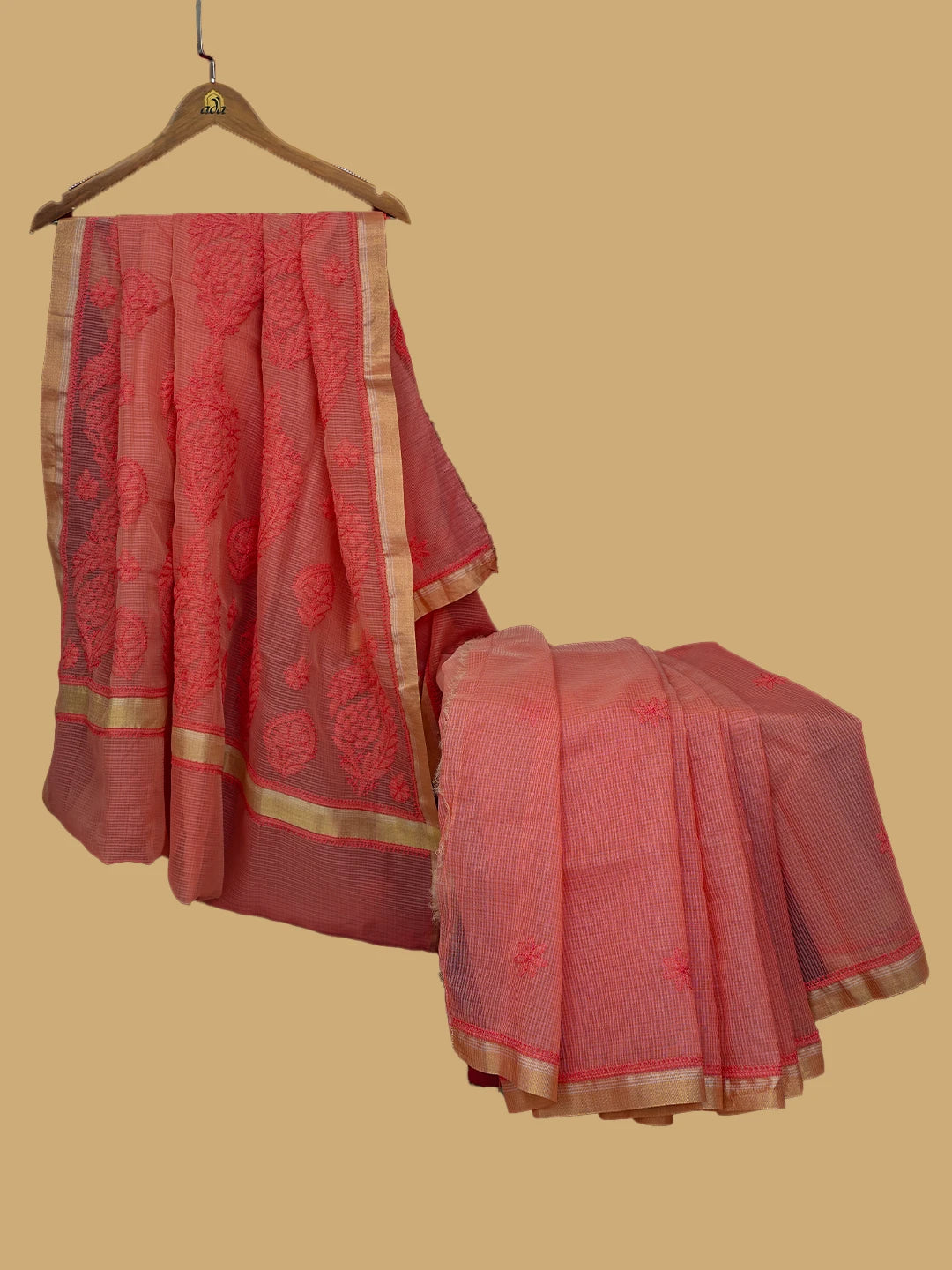 Ada Hand Embroidered Peach Chanderi Lucknowi Chikankari Saree and Blouse 01A718234