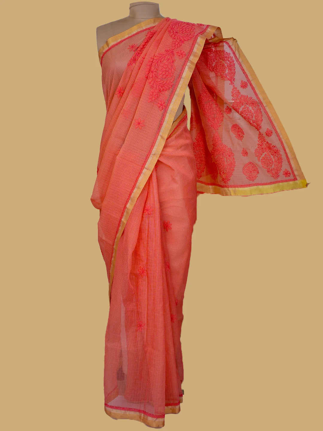 Ada Hand Embroidered Peach Chanderi Lucknowi Chikankari Saree and Blouse 01A718234