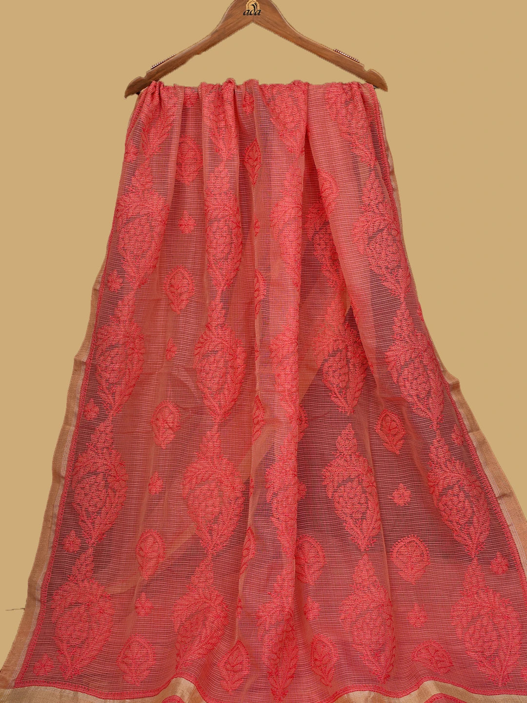 Ada Hand Embroidered Peach Chanderi Lucknowi Chikankari Saree and Blouse 01A718234