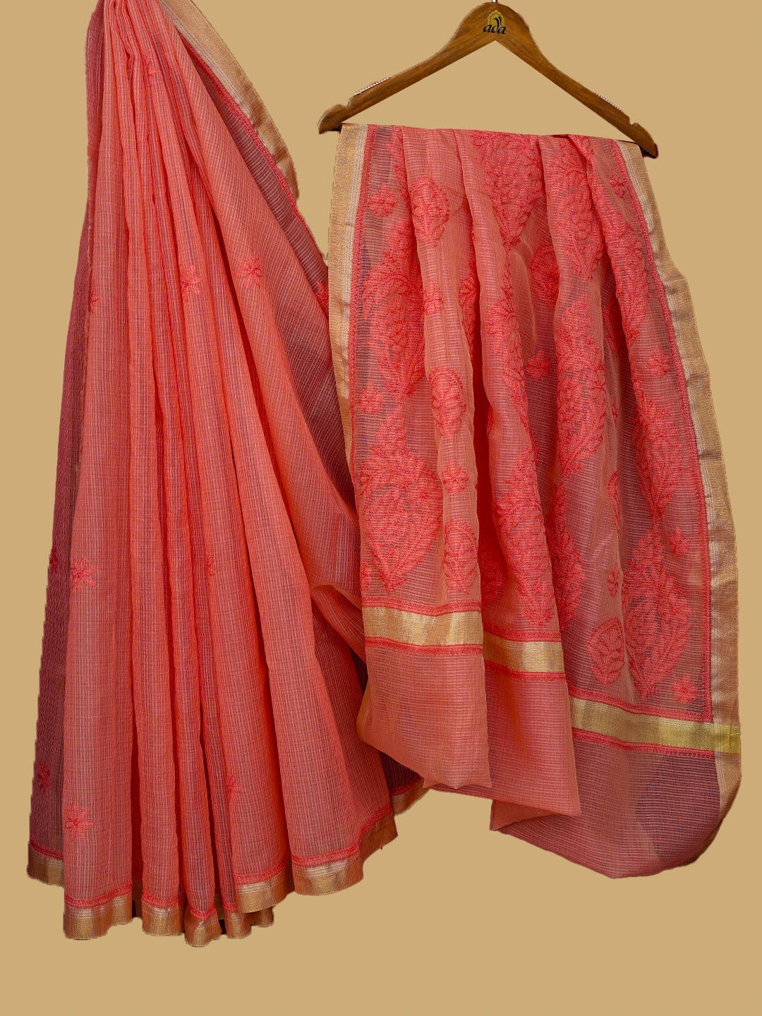 Ada Hand Embroidered Peach Chanderi Lucknowi Chikankari Saree and Blouse 01A718234