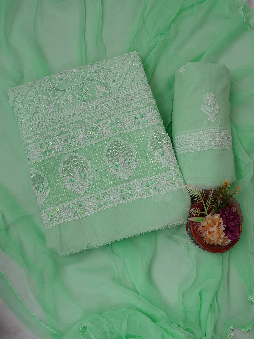 Ada Hand Embroidered Sea Green Cotton Lucknowi Chikankari Unstitched Suit Piece With Cutdana Work 01A678199