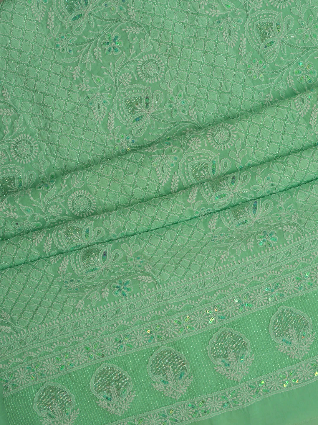 Ada Hand Embroidered Sea Green Cotton Lucknowi Chikankari Unstitched Suit Piece With Cutdana Work 01A678199