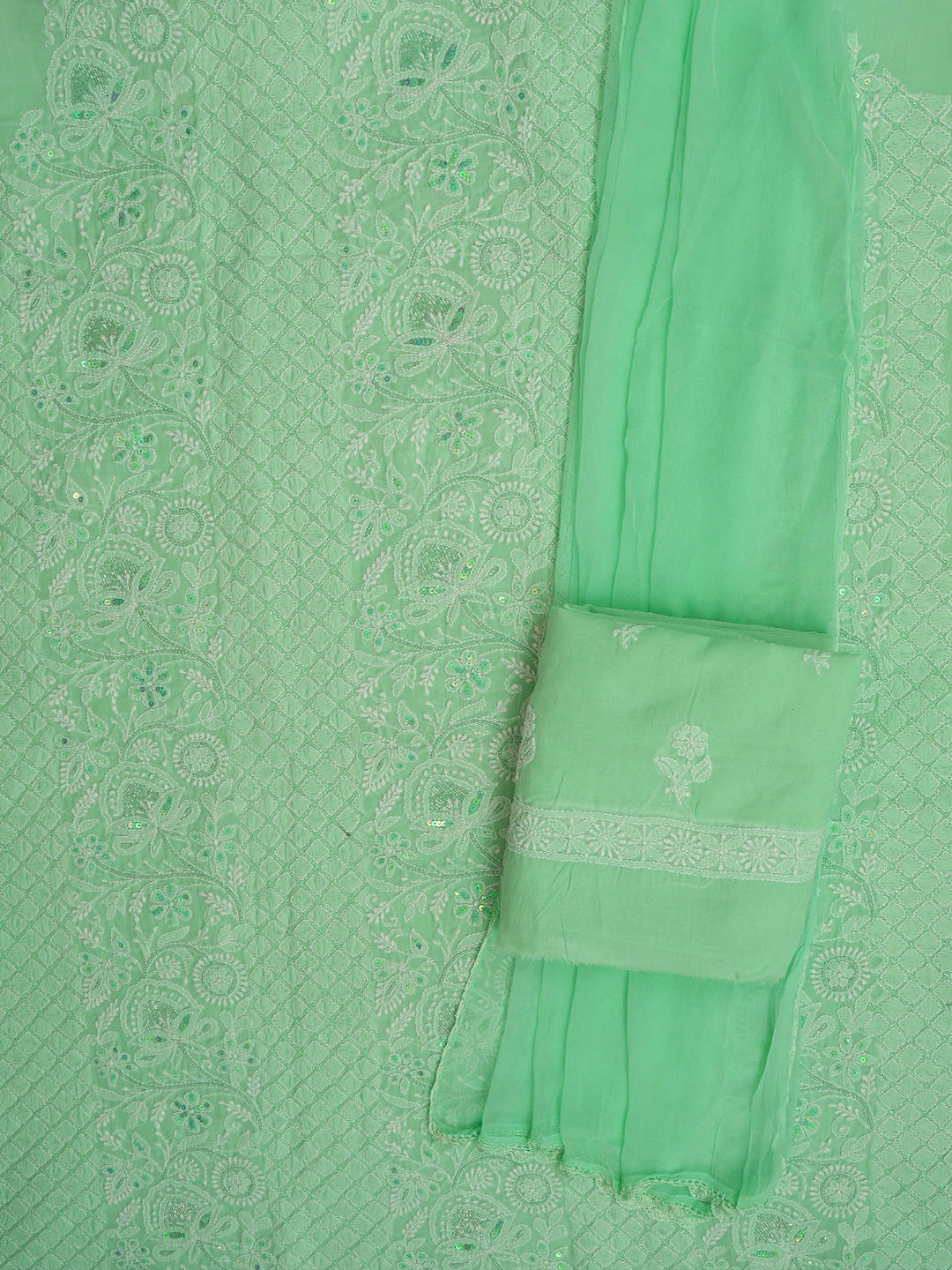 Ada Hand Embroidered Sea Green Cotton Lucknowi Chikankari Unstitched Suit Piece With Cutdana Work 01A678199
