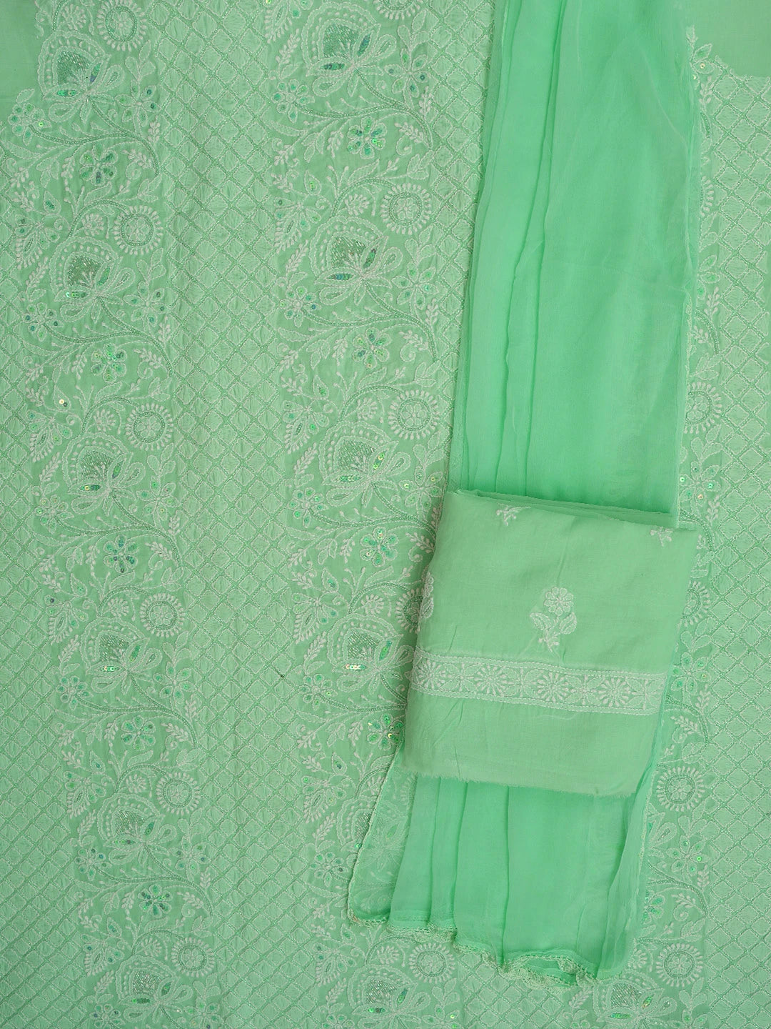 Ada Hand Embroidered Sea Green Cotton Lucknowi Chikankari Unstitched Suit Piece With Cutdana Work 01A678199
