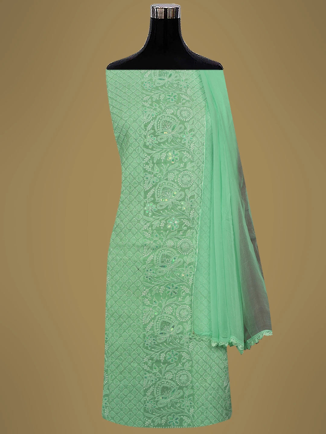 Ada Hand Embroidered Sea Green Cotton Lucknowi Chikankari Unstitched Suit Piece With Cutdana Work 01A678199