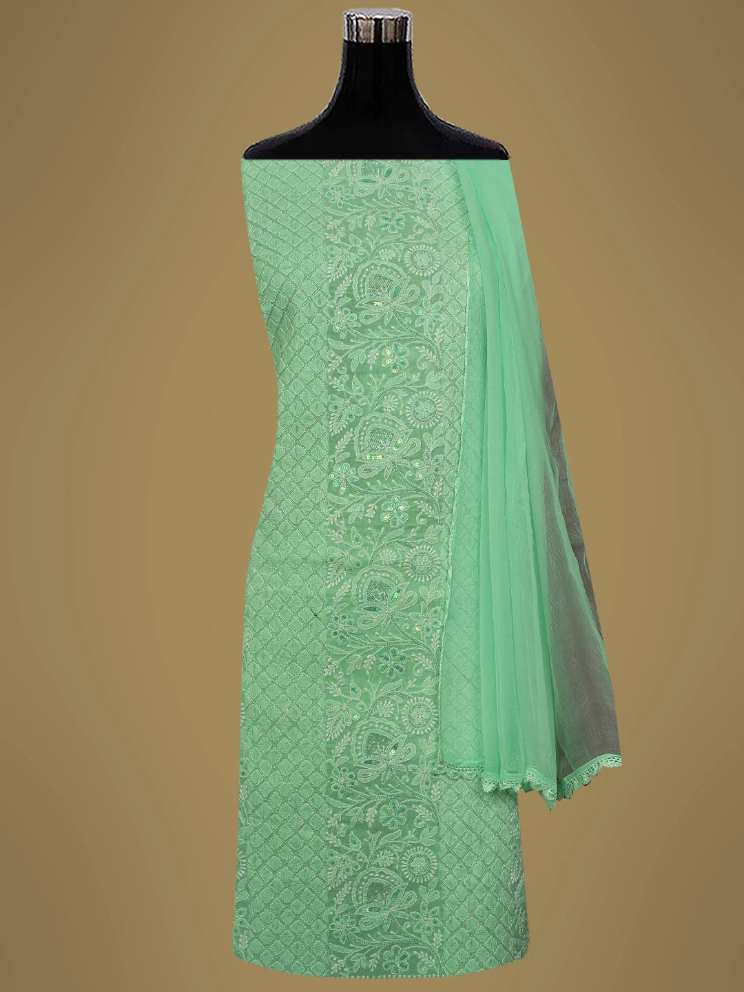 Ada Hand Embroidered Sea Green Cotton Lucknowi Chikankari Unstitched Suit Piece With Cutdana Work 01A678199