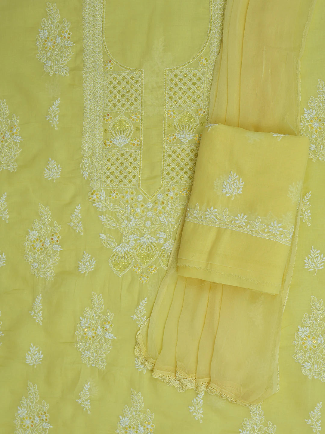 Ada Hand Embroidered Yellow Cotton Lucknowi Chikankari Unstitched Suit Piece With Cutdana Work 01A678391