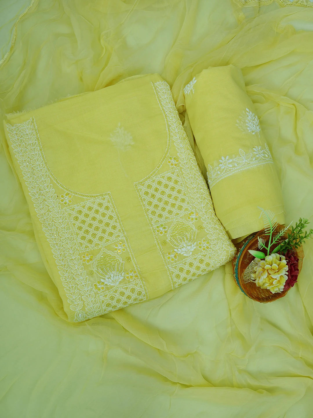 Ada Hand Embroidered Yellow Cotton Lucknowi Chikankari Unstitched Suit Piece With Cutdana Work 01A678391