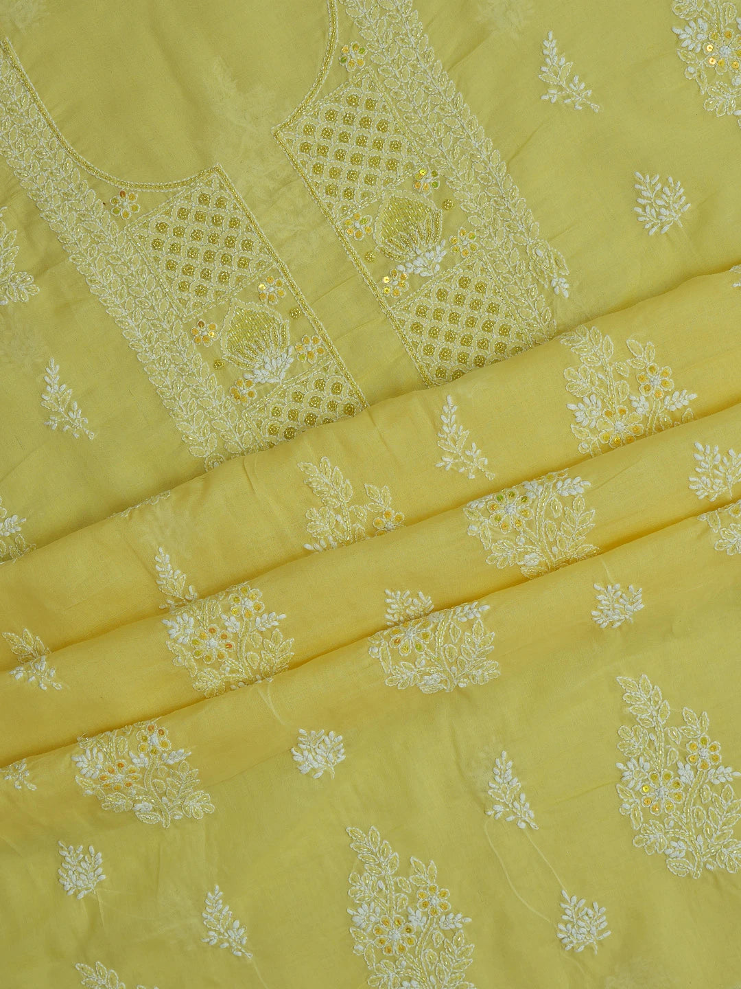 Ada Hand Embroidered Yellow Cotton Lucknowi Chikankari Unstitched Suit Piece With Cutdana Work 01A678391