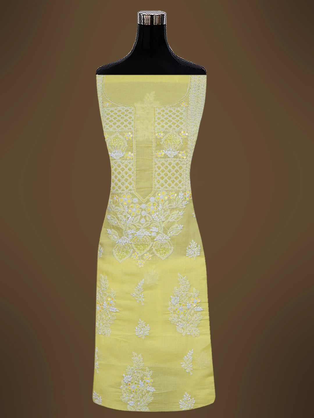 Ada Hand Embroidered Yellow Cotton Lucknowi Chikankari Unstitched Suit Piece With Cutdana Work 01A678391