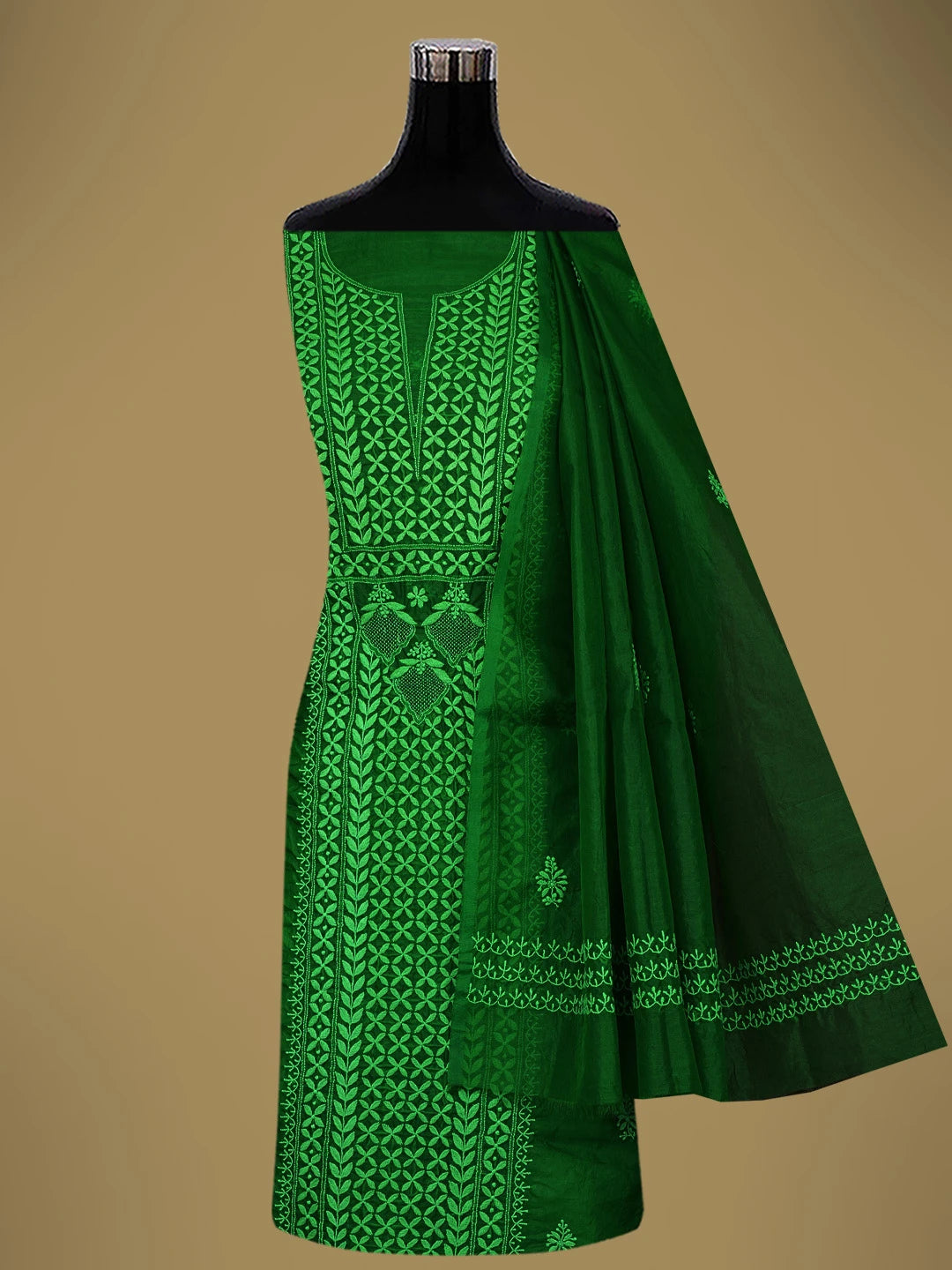 Ada Hand Embroidered Forest Green Organza Lucknowi Chikankari Unstitched Kurta Dupatta Set 01A316321