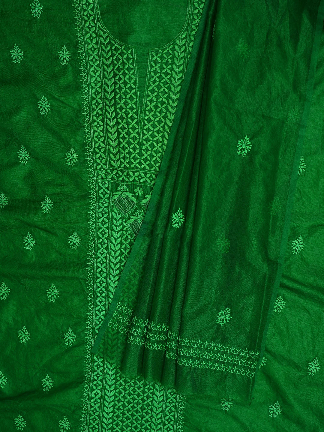 Ada Hand Embroidered Forest Green Organza Lucknowi Chikankari Unstitched Kurta Dupatta Set 01A316321