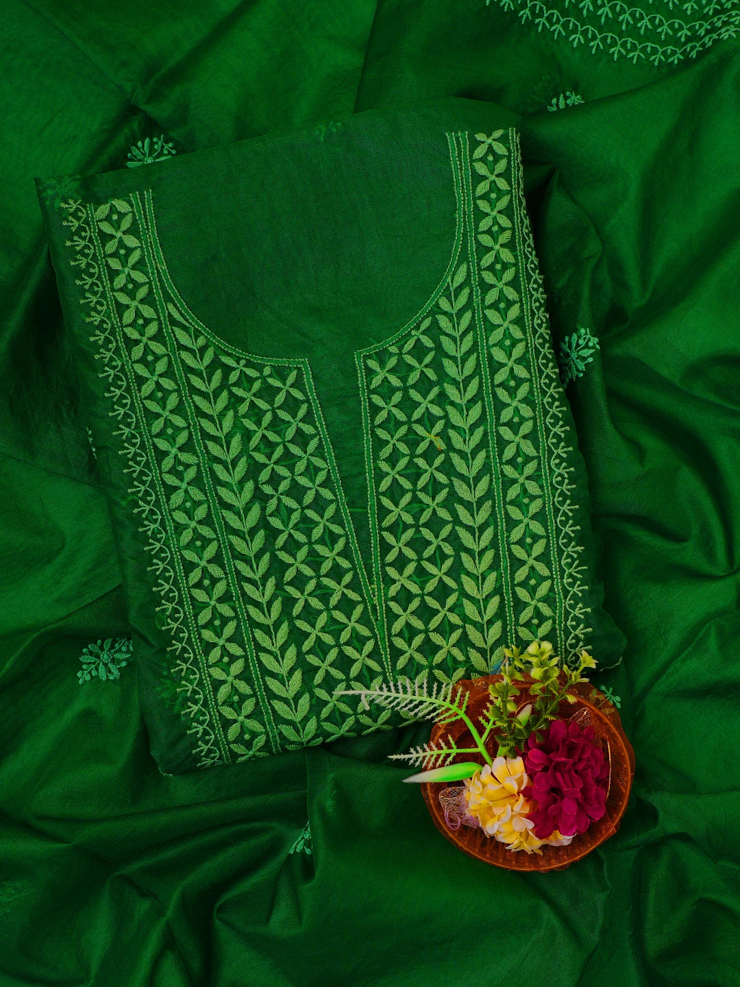 Ada Hand Embroidered Forest Green Organza Lucknowi Chikankari Unstitched Kurta Dupatta Set 01A316321