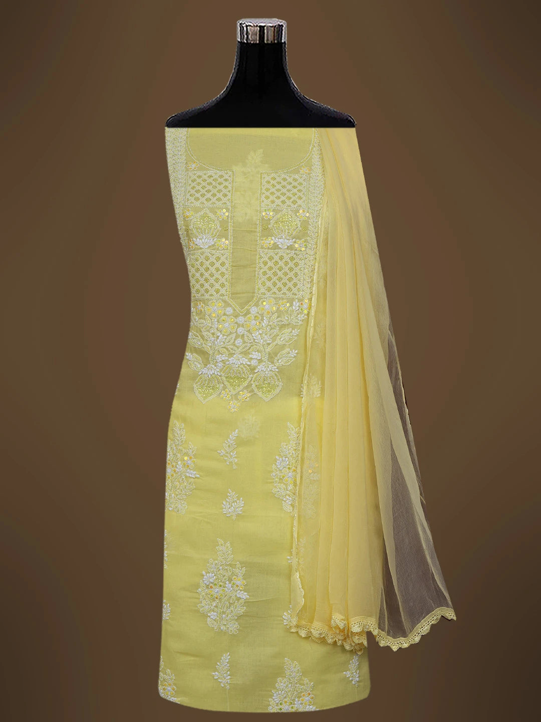 Ada Hand Embroidered Yellow Cotton Lucknowi Chikankari Unstitched Suit Piece With Cutdana Work 01A678391