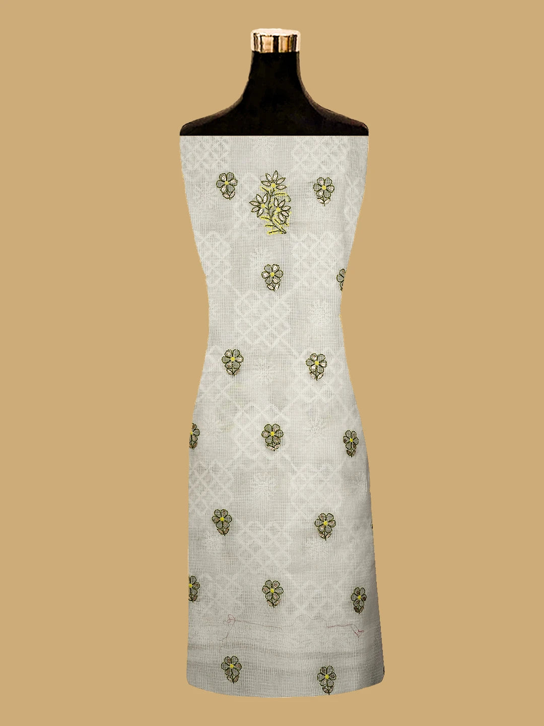 Ada Hand Embroidered White Kota Lucknowi Chikankari Unstitched Kurta Dupatta Set With Gota Patti Work 01A581885