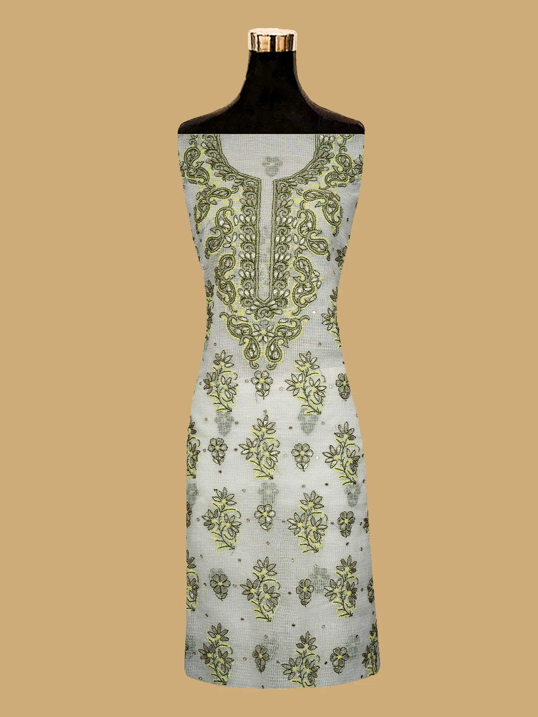 Ada Hand Embroidered White Kota Lucknowi Chikankari Unstitched Kurta Dupatta Set With Gota Patti Work 01A581885