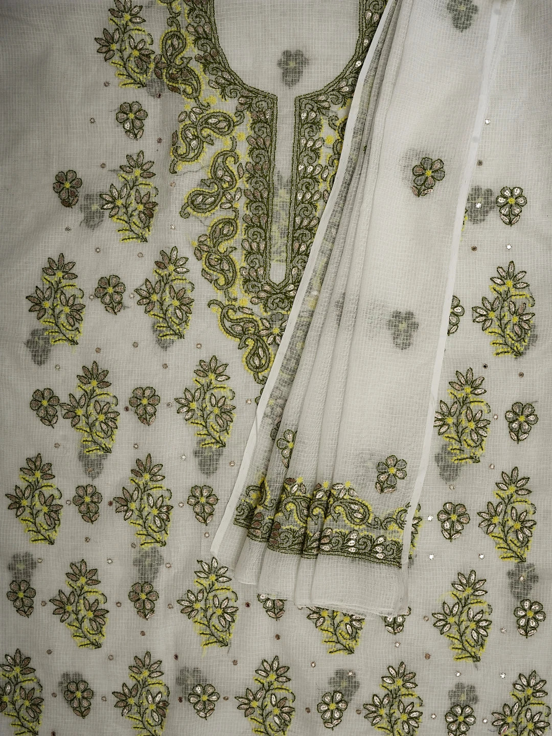 Ada Hand Embroidered White Kota Lucknowi Chikankari Unstitched Kurta Dupatta Set With Gota Patti Work 01A581885