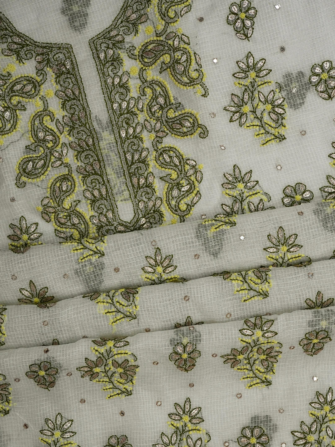 Ada Hand Embroidered White Kota Lucknowi Chikankari Unstitched Kurta Dupatta Set With Gota Patti Work 01A581885