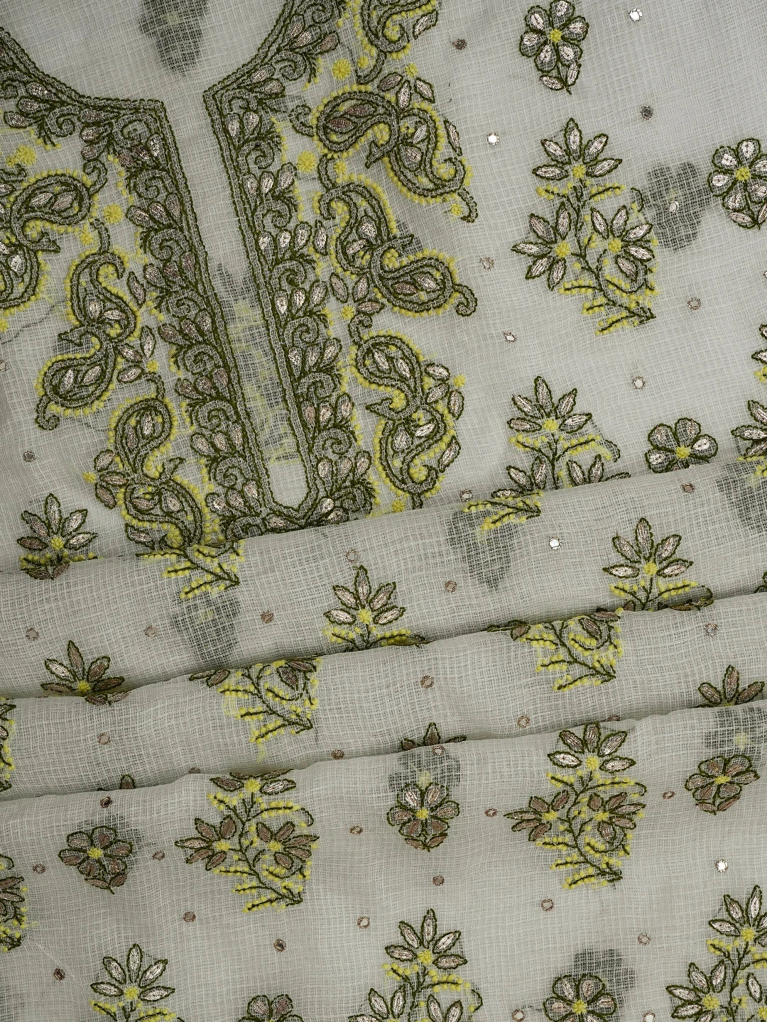 Ada Hand Embroidered White Kota Lucknowi Chikankari Unstitched Kurta Dupatta Set With Gota Patti Work 01A581885