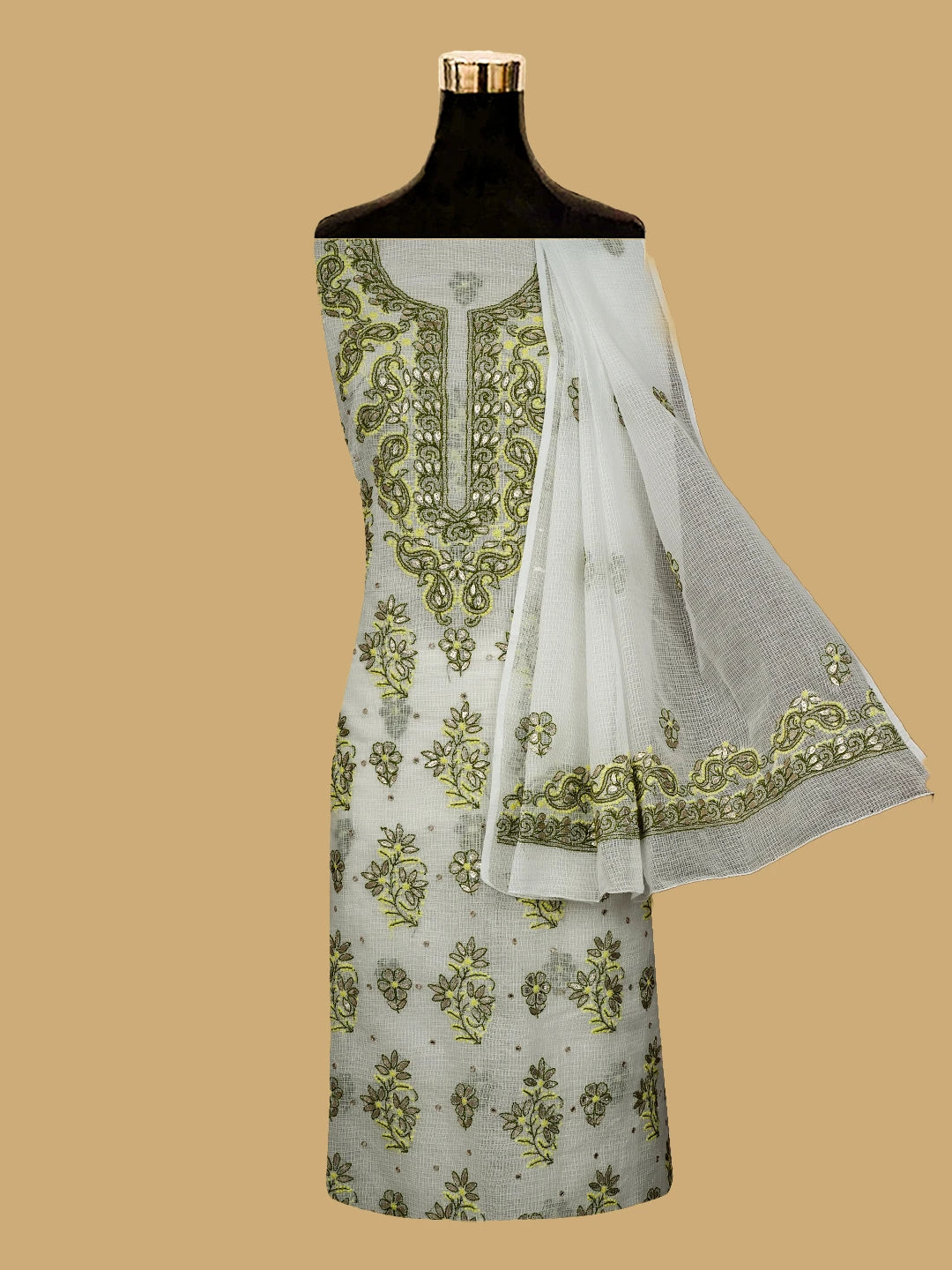 Ada Hand Embroidered White Kota Lucknowi Chikankari Unstitched Kurta Dupatta Set With Gota Patti Work 01A581885