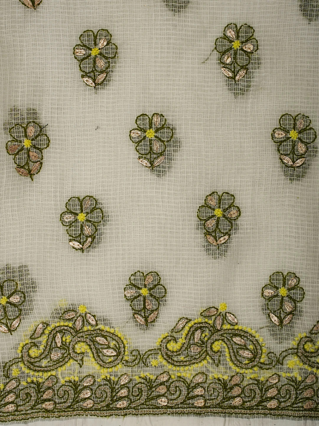 Ada Hand Embroidered White Kota Lucknowi Chikankari Unstitched Kurta Dupatta Set With Gota Patti Work 01A581885