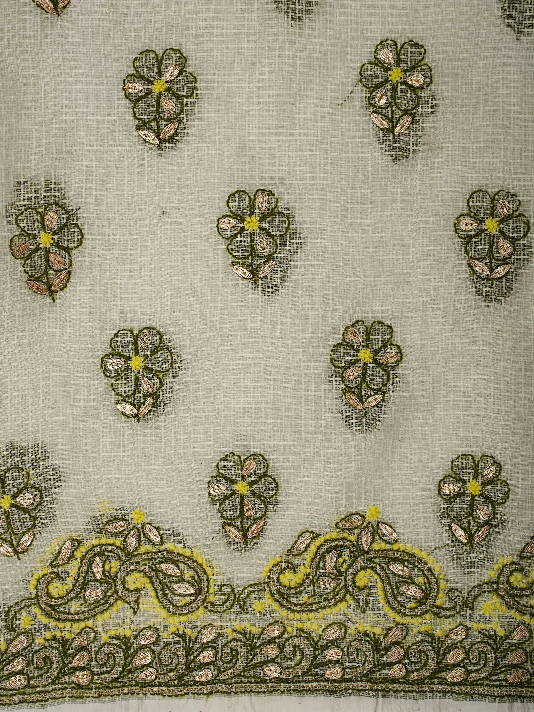 Ada Hand Embroidered White Kota Lucknowi Chikankari Unstitched Kurta Dupatta Set With Gota Patti Work 01A581885