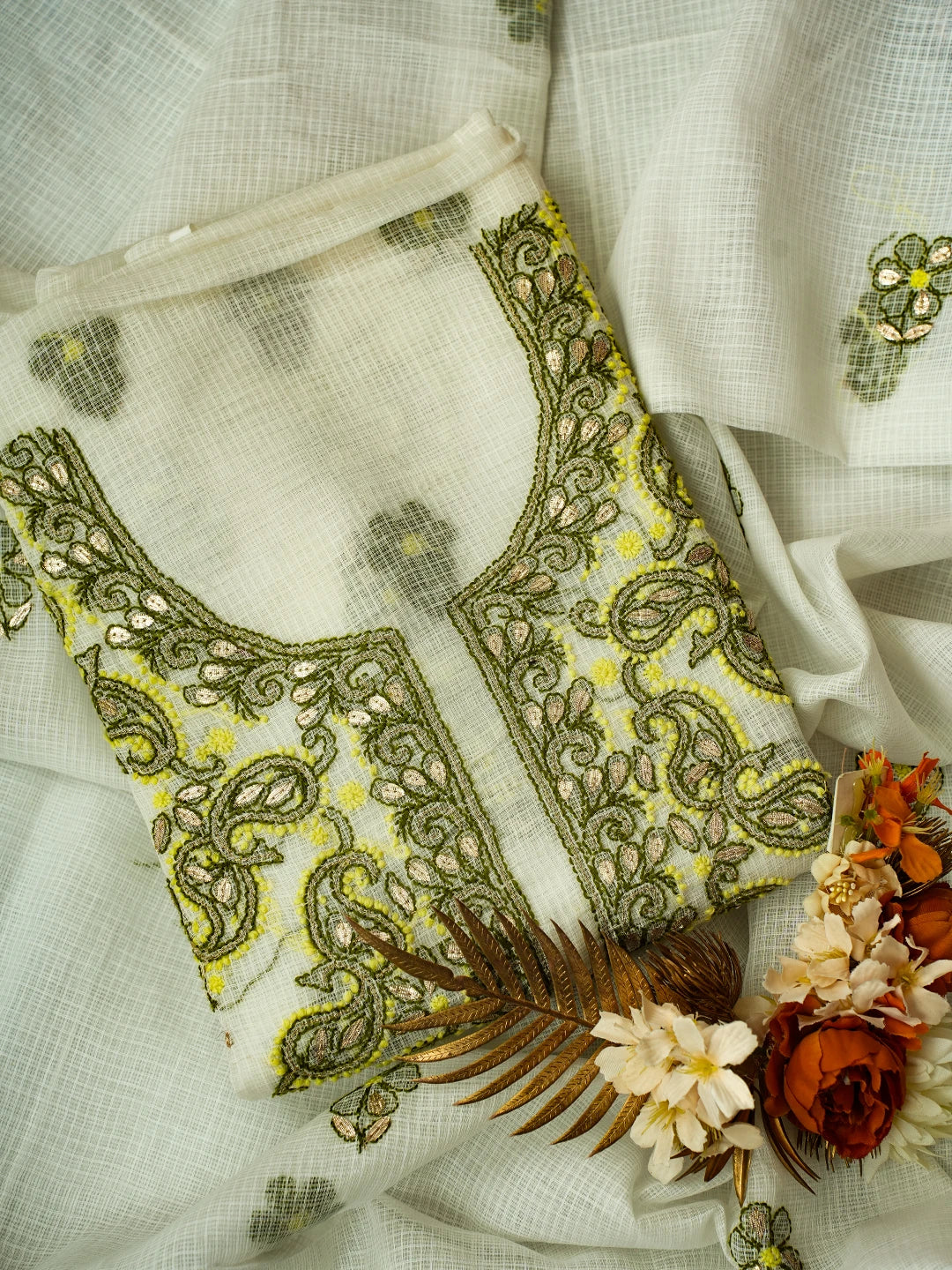 Ada Hand Embroidered White Kota Lucknowi Chikankari Unstitched Kurta Dupatta Set With Gota Patti Work 01A581885