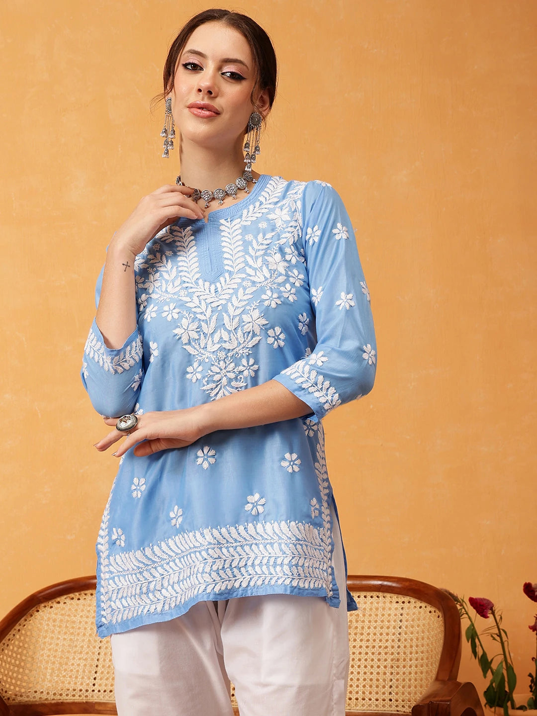 Ada Hand Embroidered Ink Blue Muslin Lucknowi Chikankari Short Kurti A911429